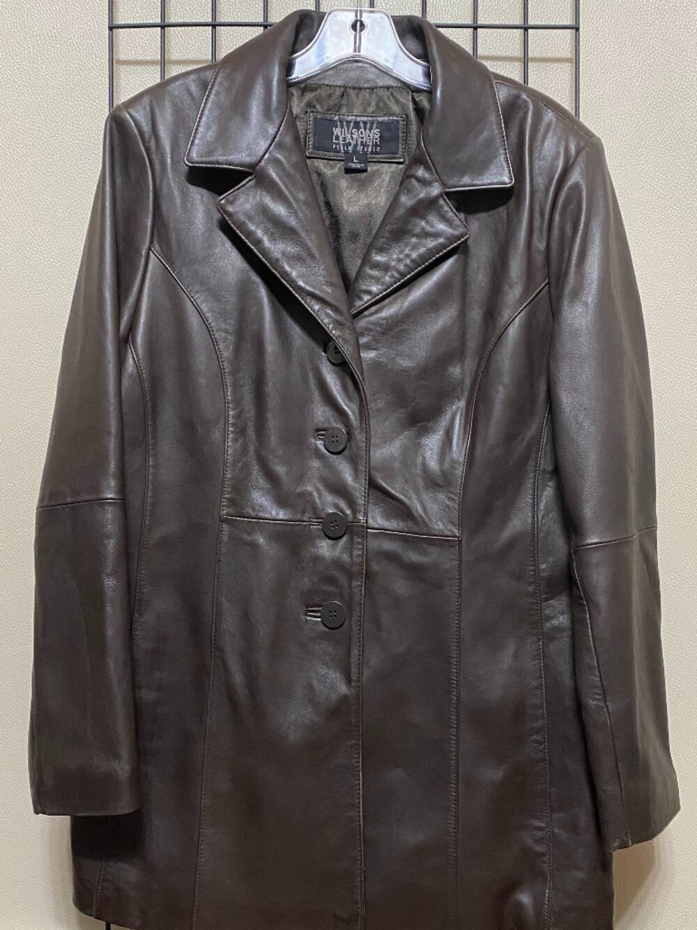 Womens Wilsons Leather Pelle Studio Brown 4 Button Long Car Coat Jacket Size L